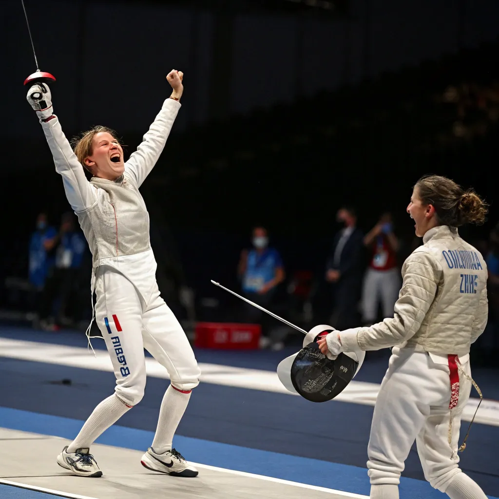 A joyful fencing victory moment