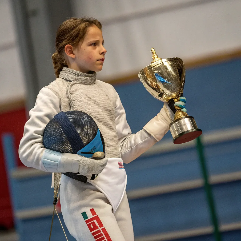 Young fencer holding a trophy